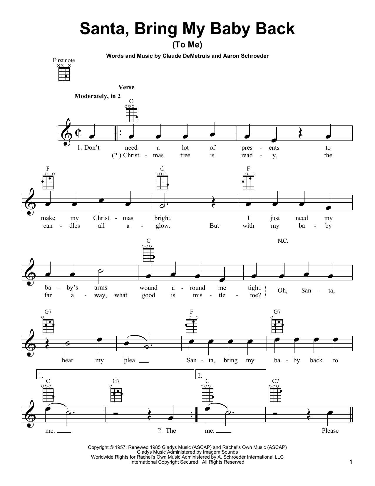 Aaron Schroeder Santa, Bring My Baby Back (To Me) sheet music, chords, lyrics - Printable PDF for Ukulele