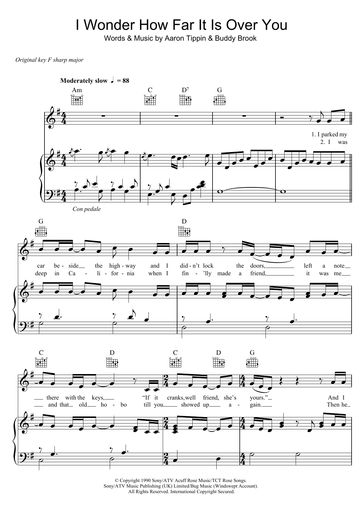 Aaron Tippin I Wonder How Far It Is Over You sheet music, chords, lyrics - Printable PDF for Piano, Vocal & Guitar (Right-Hand Melody)