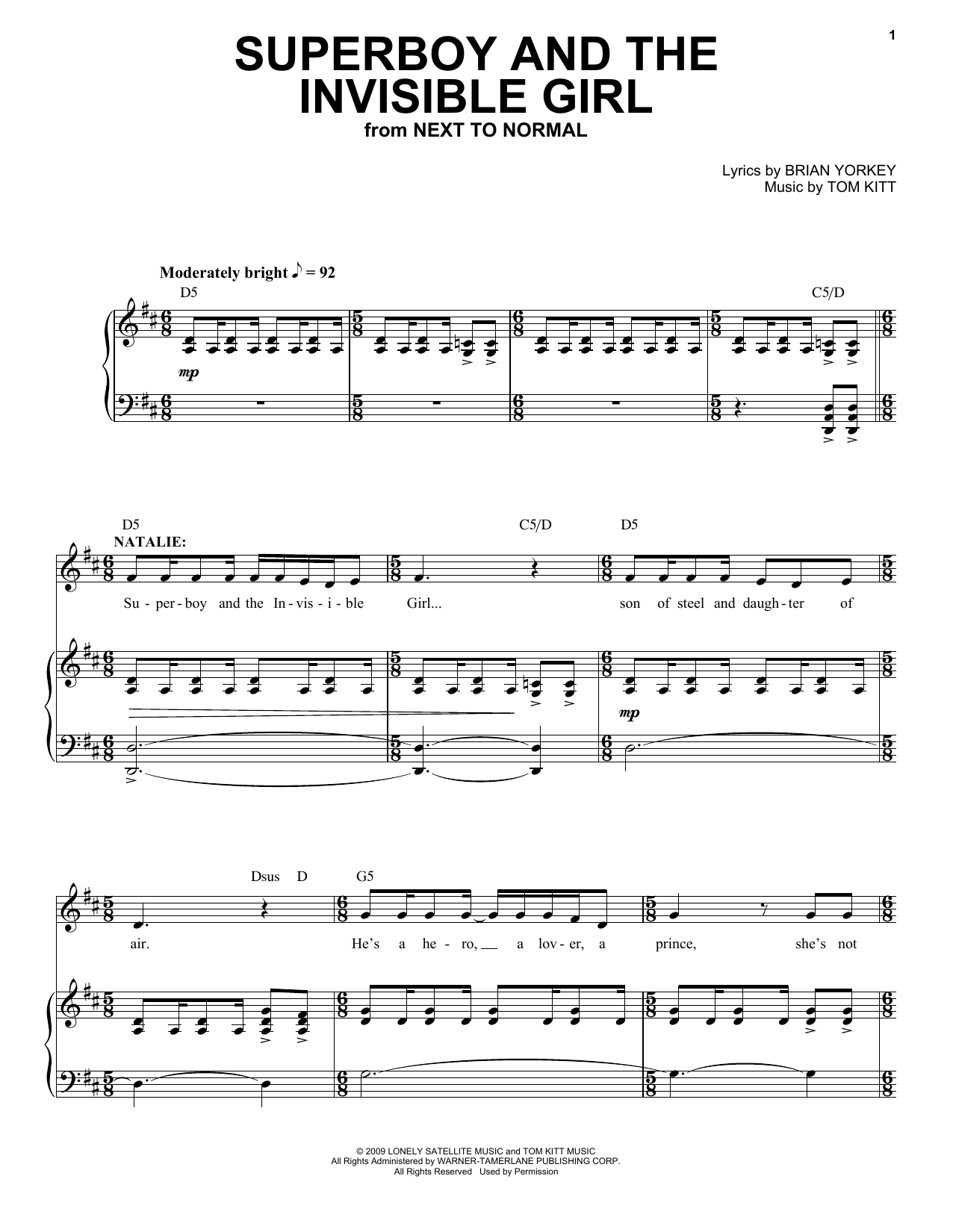 Aaron Tveit Superboy And The Invisible Girl (from Next to Normal) sheet music, chords, lyrics - Printable PDF for Piano & Vocal