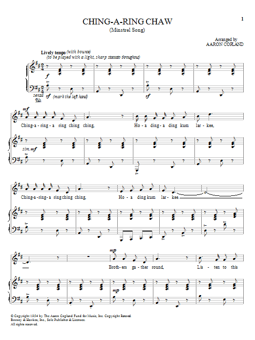 Learn to play Aaron Copland Ching-A-Ring Chaw sheet music for Piano, Vocal & Guitar (Right-Hand Melody) in minutes. Aaron Copland Ching-A-Ring Chaw sheet music notes and chords