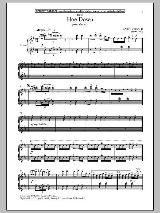 Learn to play Aaron Copland Hoe Down (from Rodeo) sheet music for Piano Duet in minutes. Aaron Copland Hoe Down (from Rodeo) sheet music notes and chords