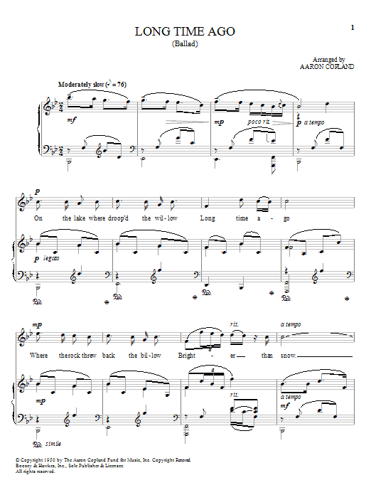 Learn to play Aaron Copland Long Time Ago sheet music for Piano, Vocal & Guitar (Right-Hand Melody) in minutes. Aaron Copland Long Time Ago sheet music notes and chords