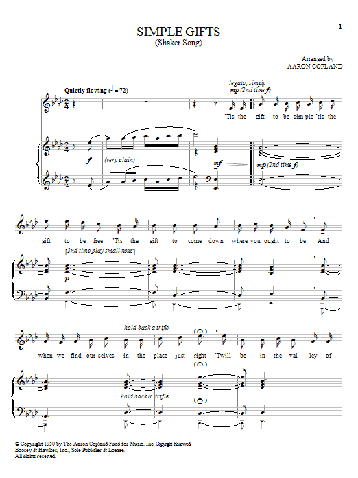 Learn to play Aaron Copland Simple Gifts sheet music for Piano, Vocal & Guitar (Right-Hand Melody) in minutes. Aaron Copland Simple Gifts sheet music notes and chords