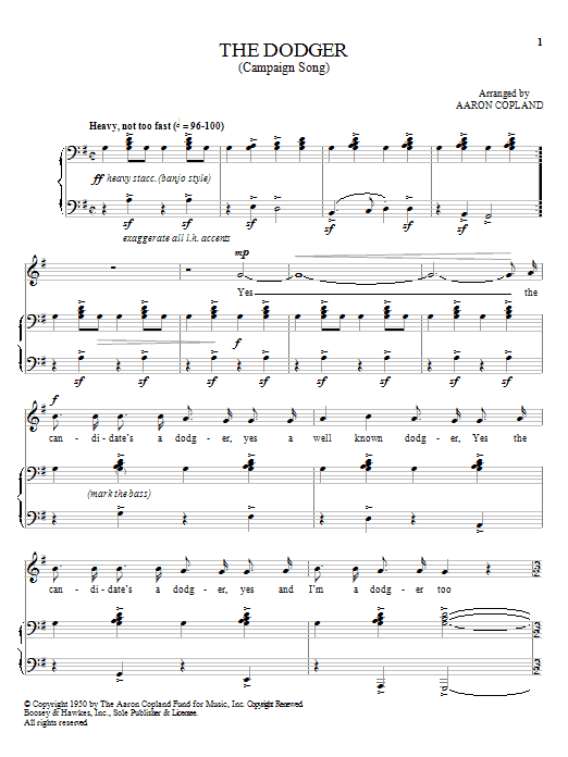 Learn to play Aaron Copland The Dodger sheet music for Piano, Vocal & Guitar (Right-Hand Melody) in minutes. Aaron Copland The Dodger sheet music notes and chords