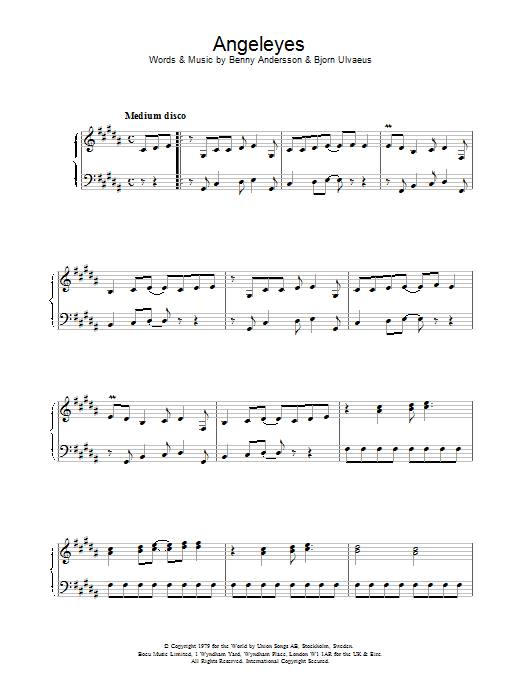 Learn to play ABBA Angeleyes sheet music for Piano, Vocal & Guitar (Right-Hand Melody) in minutes. ABBA Angeleyes sheet music preview music notes and score for Piano, Vocal & Guitar (Right-Hand Melody) including 6 page(s)