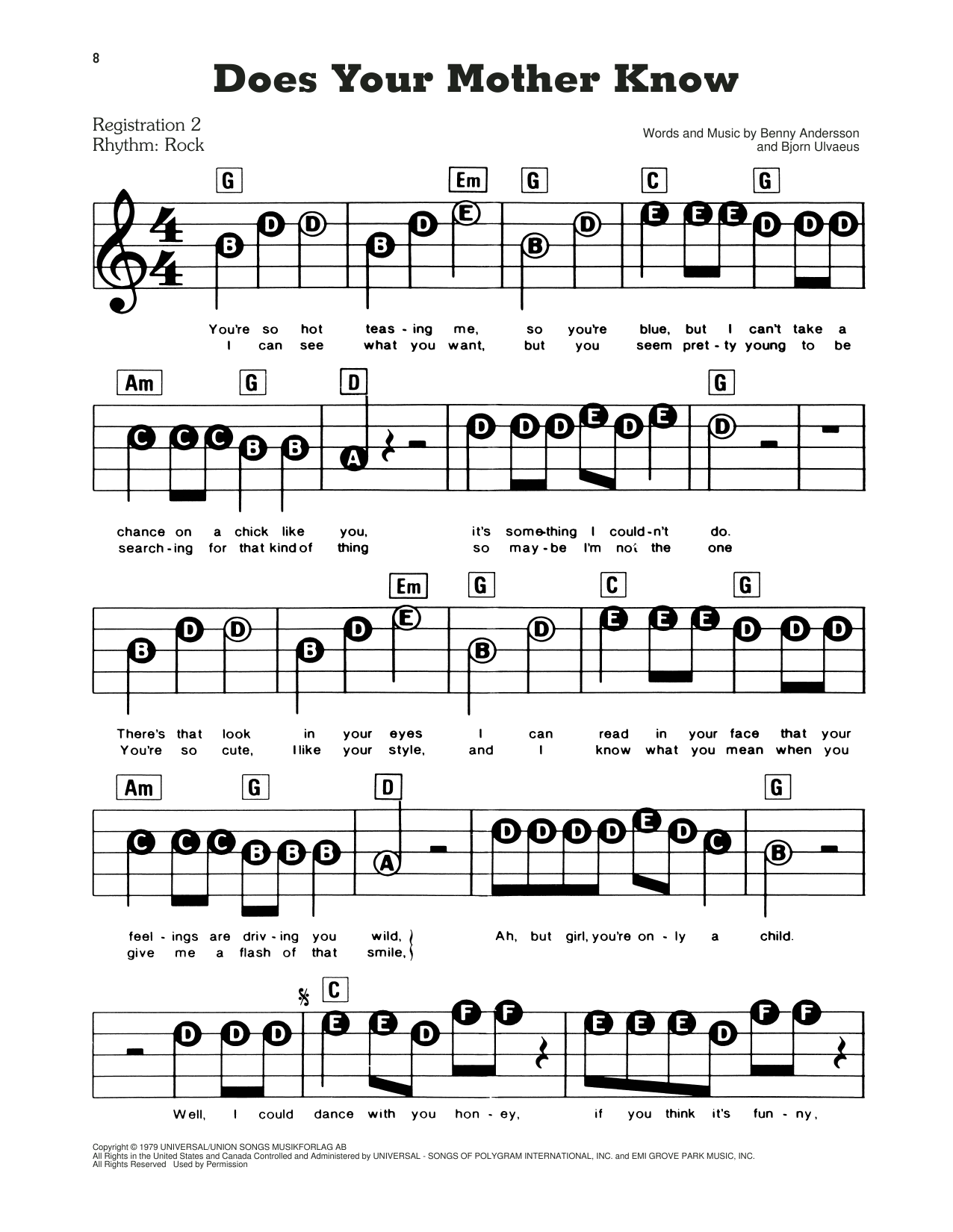Learn to play ABBA Does Your Mother Know (from Mamma Mia!) sheet music for E-Z Play Today in minutes. ABBA Does Your Mother Know (from Mamma Mia!) sheet music preview music notes and score for E-Z Play Today including 2 page(s)