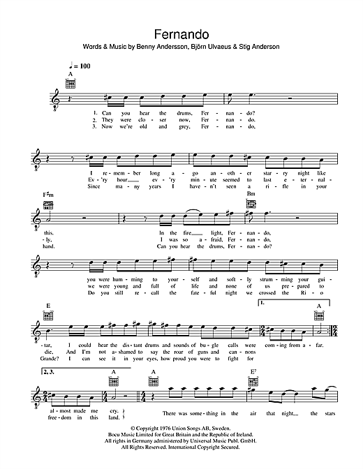 Learn to play ABBA Fernando sheet music for Piano, Vocal & Guitar (Right-Hand Melody) in minutes. ABBA Fernando sheet music notes and chords