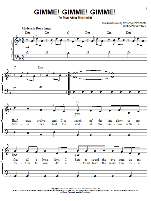 Learn to play ABBA Gimme! Gimme! Gimme! (A Man After Midnight) sheet music for Piano, Vocal & Guitar (Right-Hand Melody) in minutes. ABBA Gimme! Gimme! Gimme! (A Man After Midnight) sheet music notes and chords