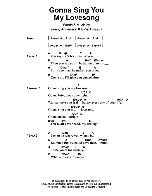 ABBA Gonna Sing You My Lovesong sheet music, chords, lyrics - Printable PDF for Lyrics & Chords