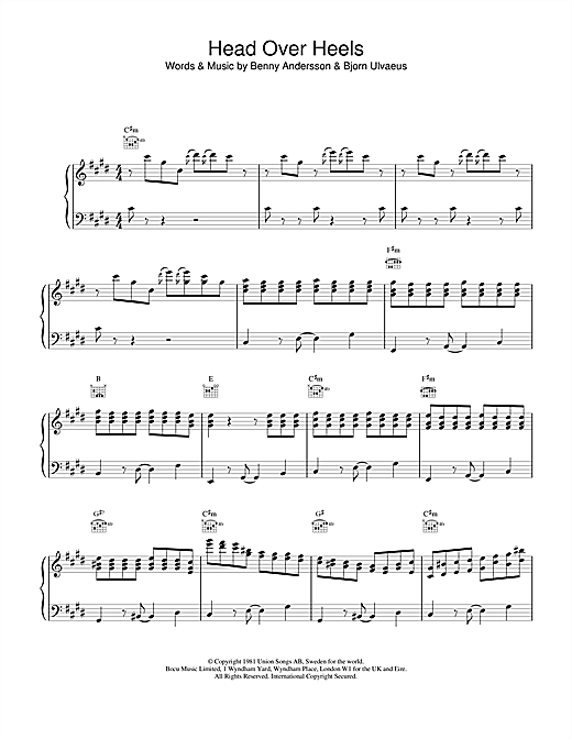 Learn to play ABBA Head Over Heels sheet music for Piano, Vocal & Guitar (Right-Hand Melody) in minutes. ABBA Head Over Heels sheet music notes and chords