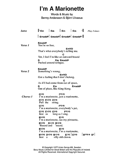 ABBA I'm A Marionette sheet music, chords, lyrics - Printable PDF for Lyrics & Chords