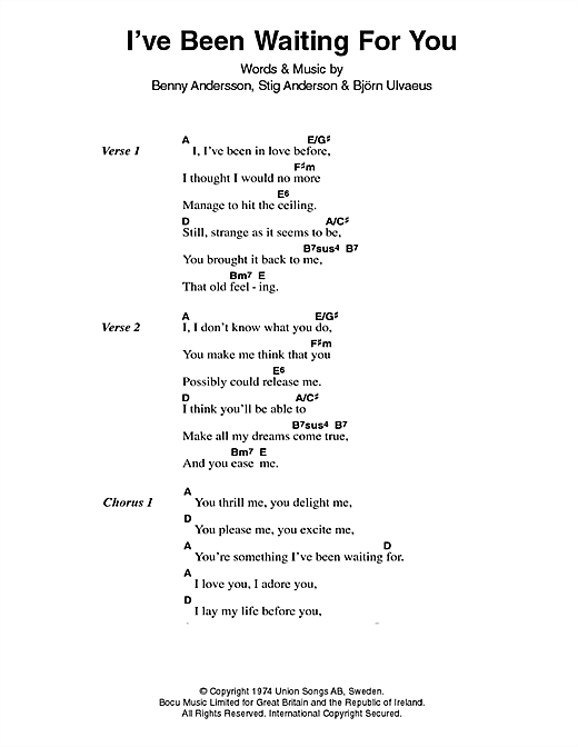 ABBA I've Been Waiting For You sheet music, chords, lyrics - Printable PDF for Lyrics & Chords