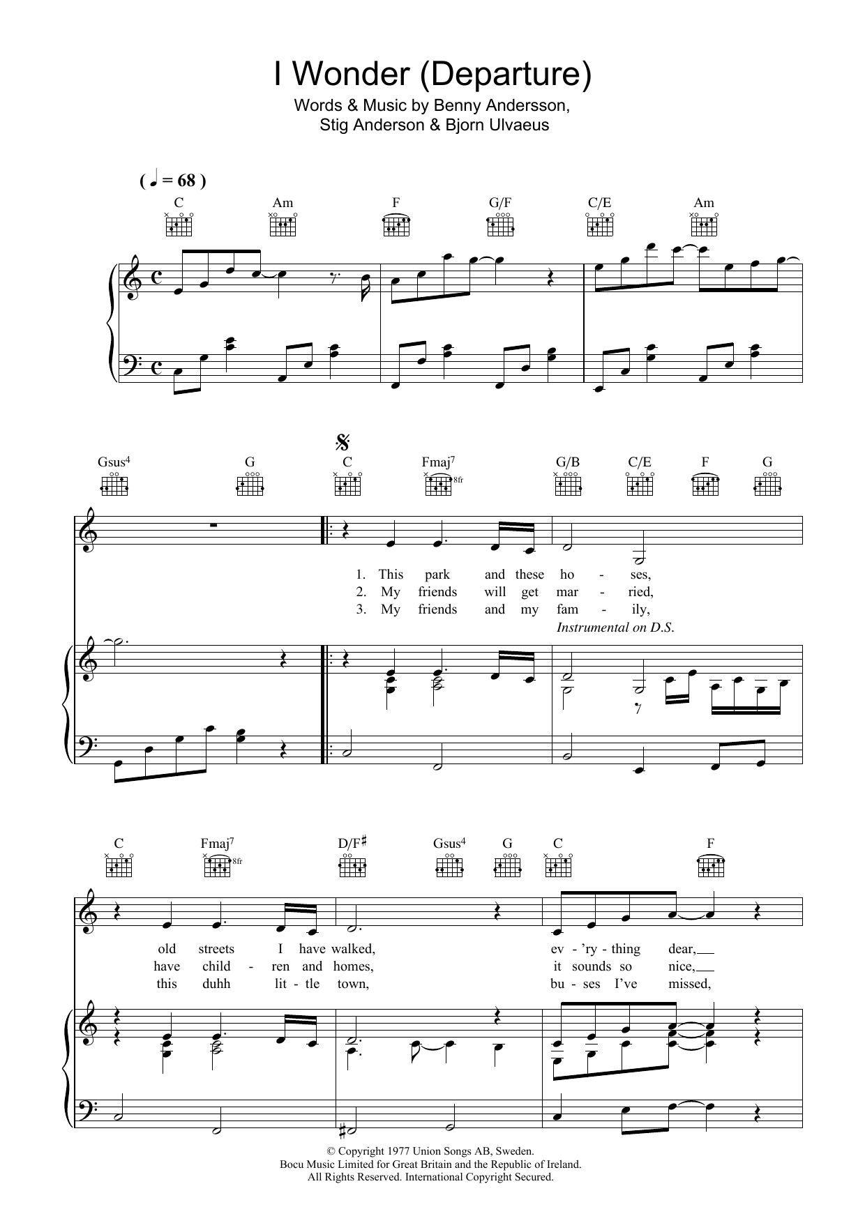 Learn to play ABBA I Wonder (Departure) sheet music for Piano, Vocal & Guitar (Right-Hand Melody) in minutes. ABBA I Wonder (Departure) sheet music preview music notes and score for Piano, Vocal & Guitar (Right-Hand Melody) including 4 page(s)