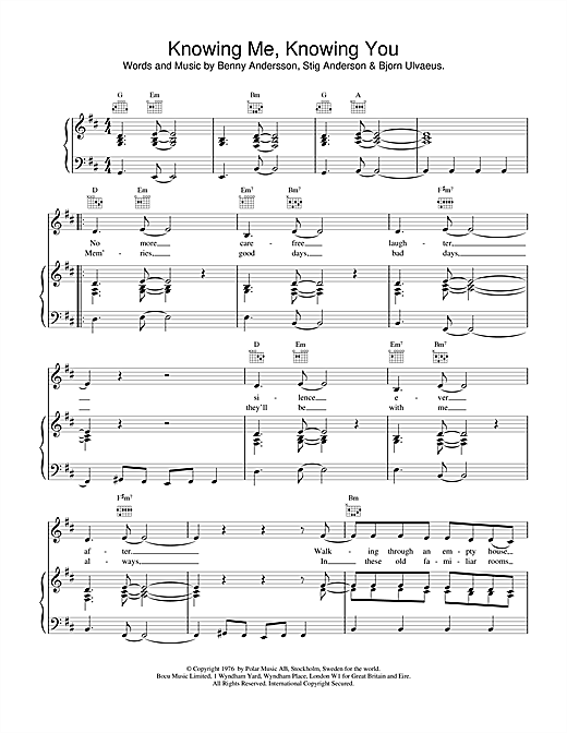 Learn to play ABBA Knowing Me, Knowing You sheet music for Piano, Vocal & Guitar (Right-Hand Melody) in minutes. ABBA Knowing Me, Knowing You sheet music notes and chords