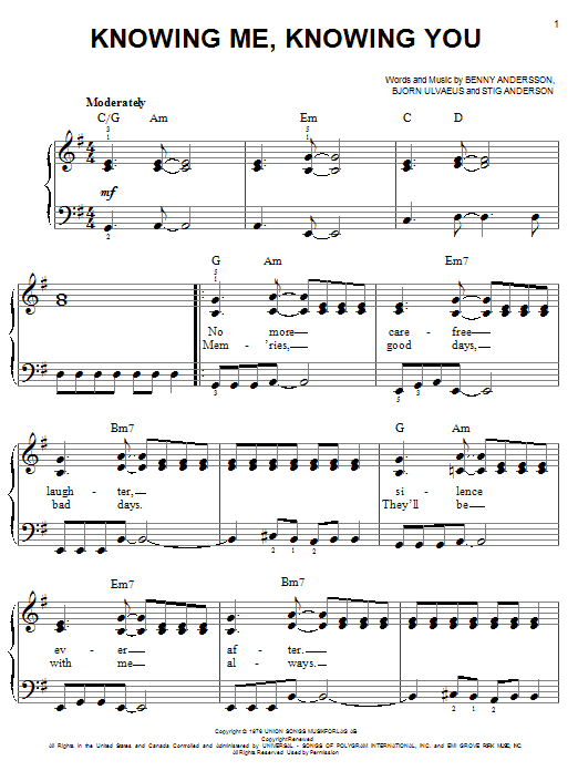 Learn to play ABBA Knowing Me, Knowing You sheet music for Piano, Vocal & Guitar (Right-Hand Melody) in minutes. ABBA Knowing Me, Knowing You sheet music notes and chords