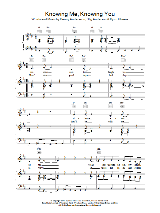 ABBA Knowing Me, Knowing You sheet music preview music notes and score for Piano including 3 page(s)