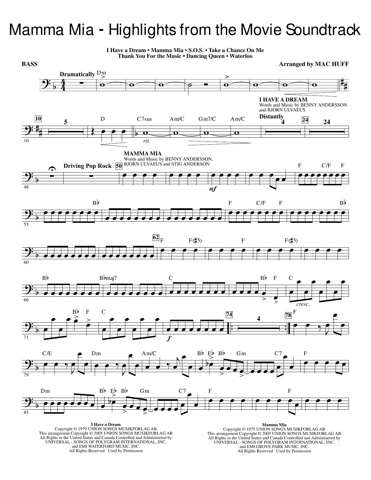 ABBA Mamma Mia! - Highlights from the Movie Soundtrack (arr. Mac Huff) - Bass sheet music preview music notes and score for Choir Instrumental Pak including 6 page(s)