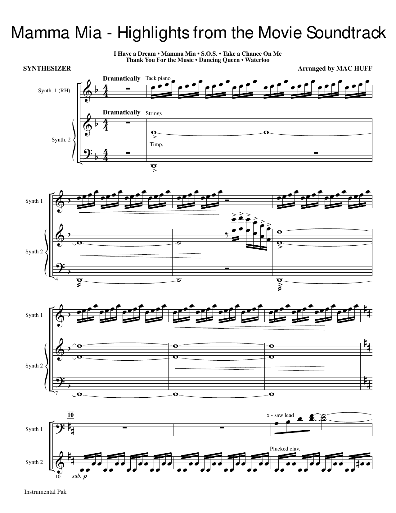 ABBA Mamma Mia! - Highlights from the Movie Soundtrack (arr. Mac Huff) - Synthesizer sheet music preview music notes and score for Choir Instrumental Pak including 10 page(s)