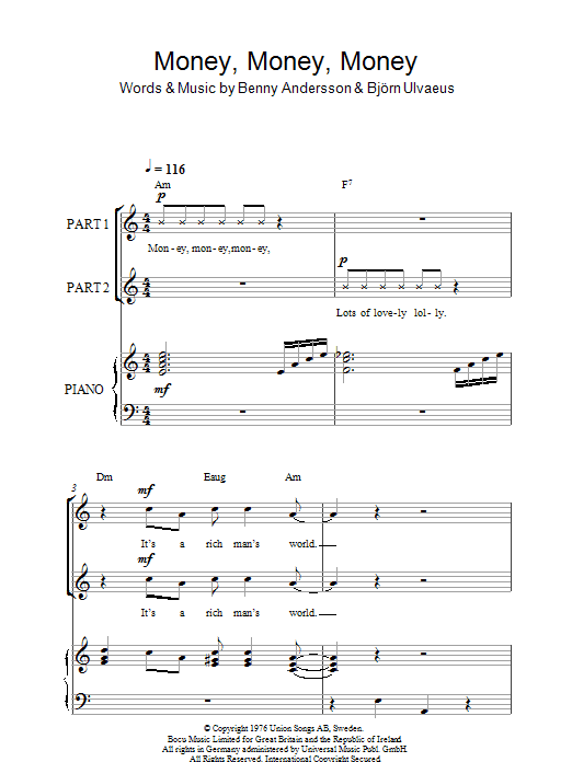 ABBA Money, Money, Money sheet music, chords, lyrics - Printable PDF for 2-Part Choir