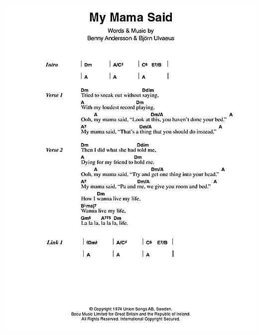 ABBA My Mama Said sheet music, chords, lyrics - Printable PDF for Lyrics & Chords