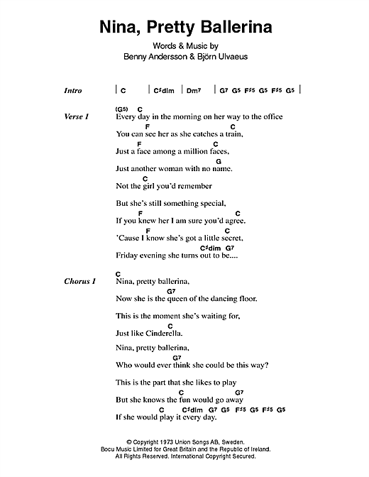 ABBA Nina, Pretty Ballerina sheet music, chords, lyrics - Printable PDF for Lyrics & Chords