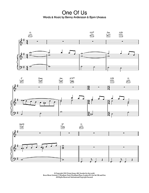 Learn to play ABBA One Of Us sheet music for Piano, Vocal & Guitar (Right-Hand Melody) in minutes. ABBA One Of Us sheet music notes and chords