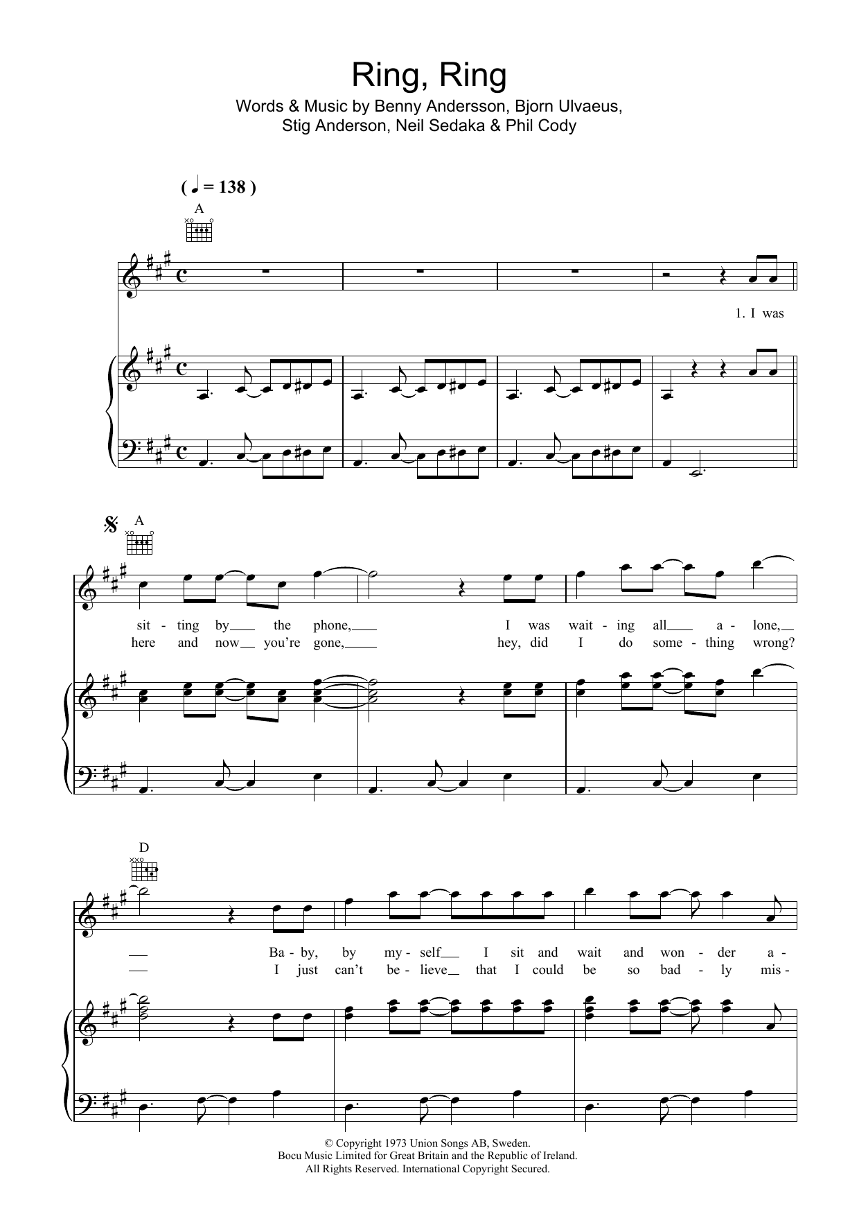 Learn to play ABBA Ring, Ring sheet music for Piano, Vocal & Guitar (Right-Hand Melody) in minutes. ABBA Ring, Ring sheet music preview music notes and score for Piano, Vocal & Guitar (Right-Hand Melody) including 4 page(s)