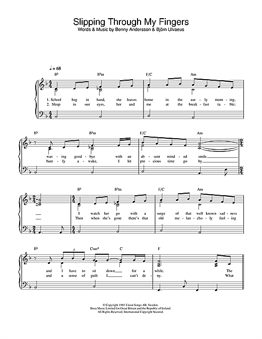 Learn to play ABBA Slipping Through My Fingers sheet music for Piano (Big Notes) in minutes. ABBA Slipping Through My Fingers sheet music preview music notes and score for Piano (Big Notes) including 4 page(s)