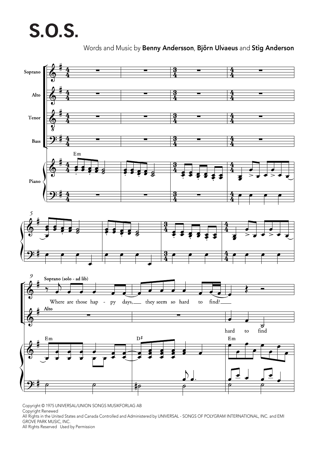 ABBA S.O.S. (arr. Ralph Allwood & Lora Sansun) sheet music, chords, lyrics - Printable PDF for SATB Choir