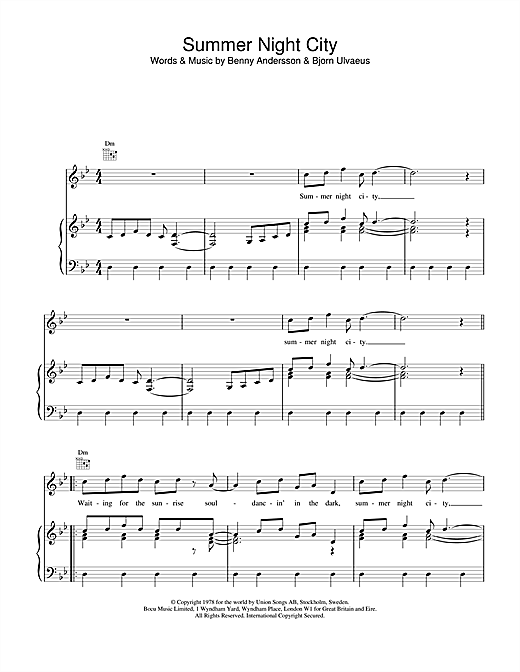 Learn to play ABBA Summer Night City sheet music for Piano, Vocal & Guitar (Right-Hand Melody) in minutes. ABBA Summer Night City sheet music notes and chords