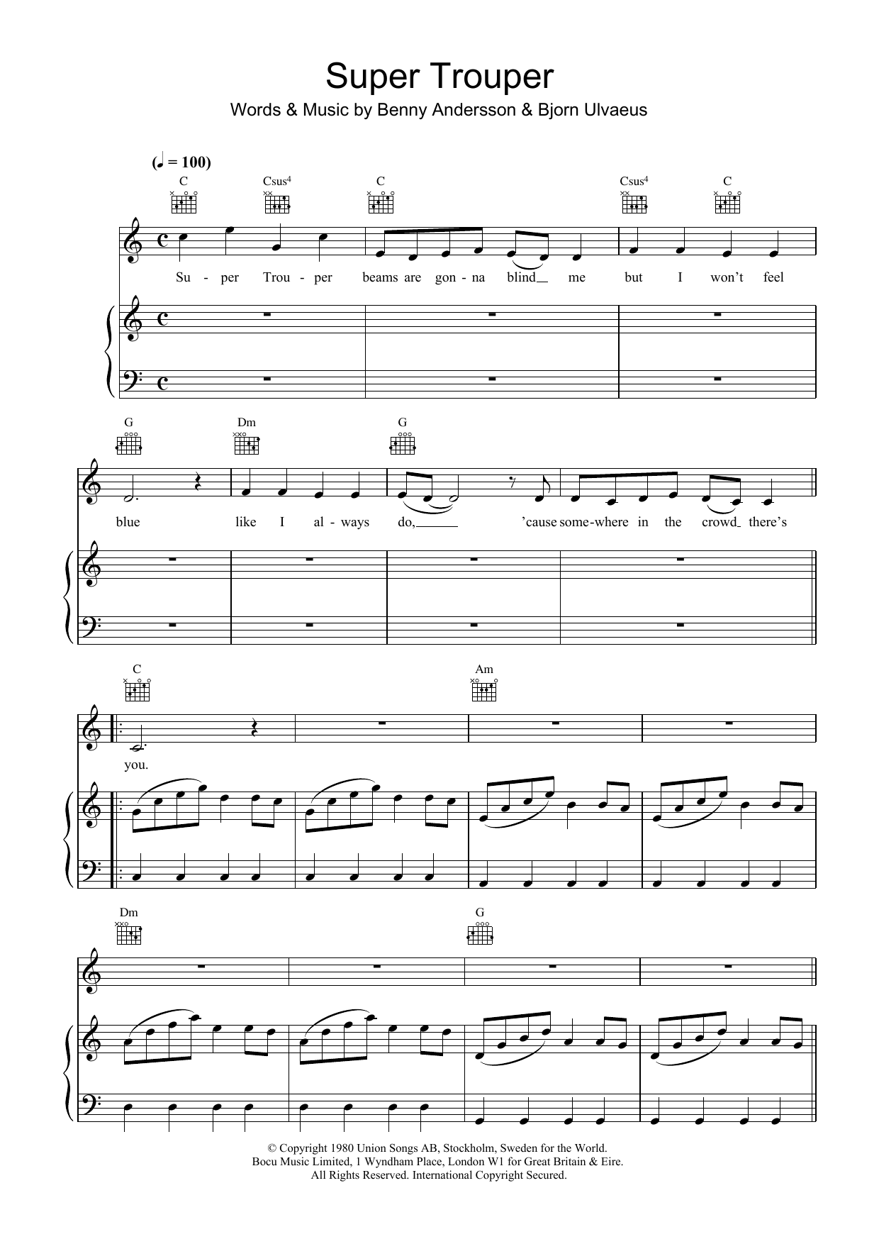 ABBA Super Trouper sheet music preview music notes and score for Easy Piano including 3 page(s)