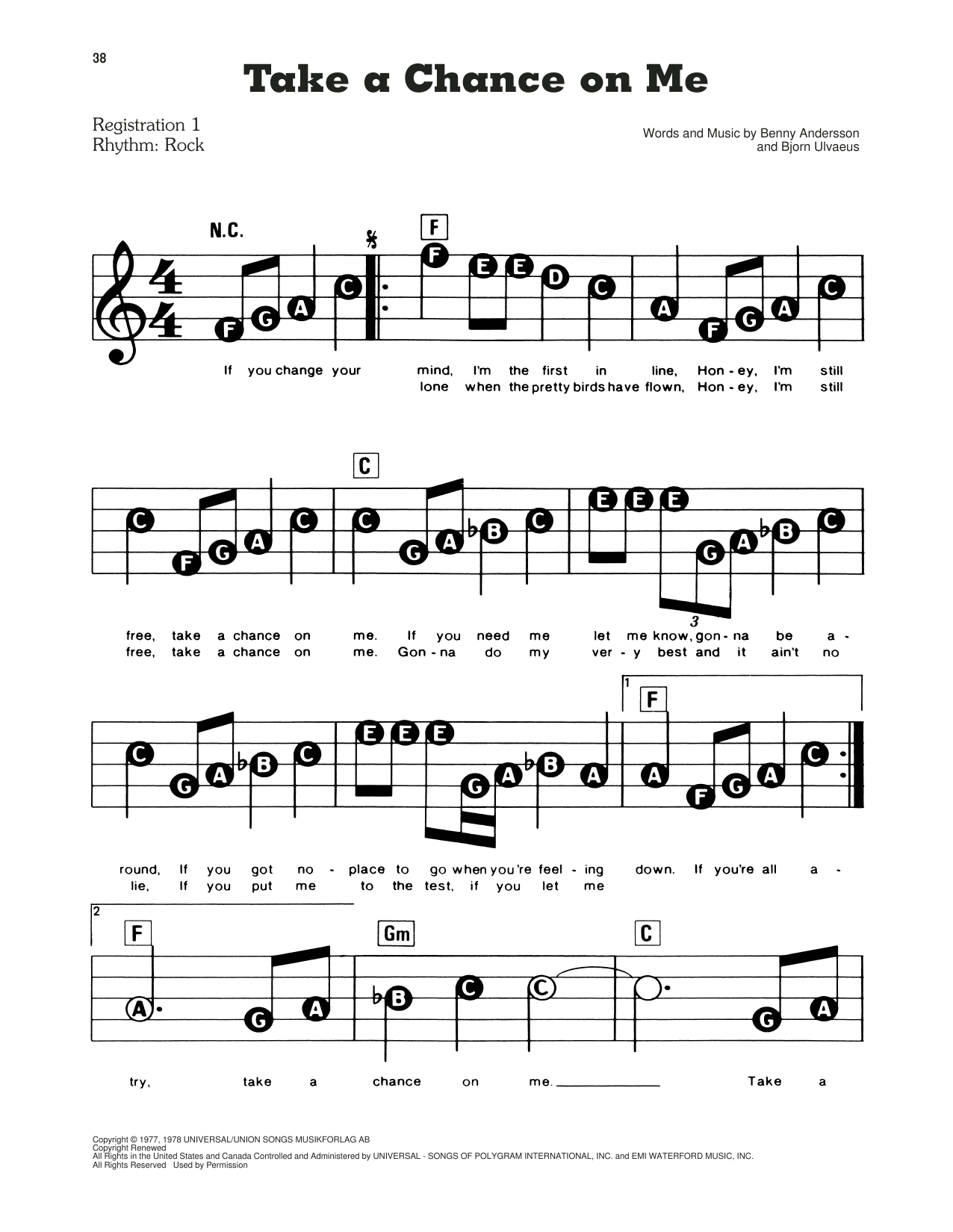 Learn to play ABBA Take A Chance On Me (from Mamma Mia!) sheet music for E-Z Play Today in minutes. ABBA Take A Chance On Me (from Mamma Mia!) sheet music preview music notes and score for E-Z Play Today including 2 page(s)