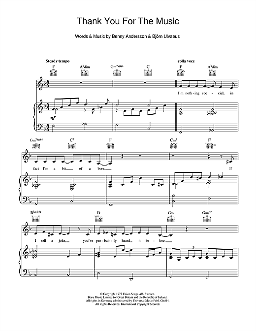 Learn to play ABBA Thank You For The Music sheet music for Piano, Vocal & Guitar (Right-Hand Melody) in minutes. ABBA Thank You For The Music sheet music notes and chords