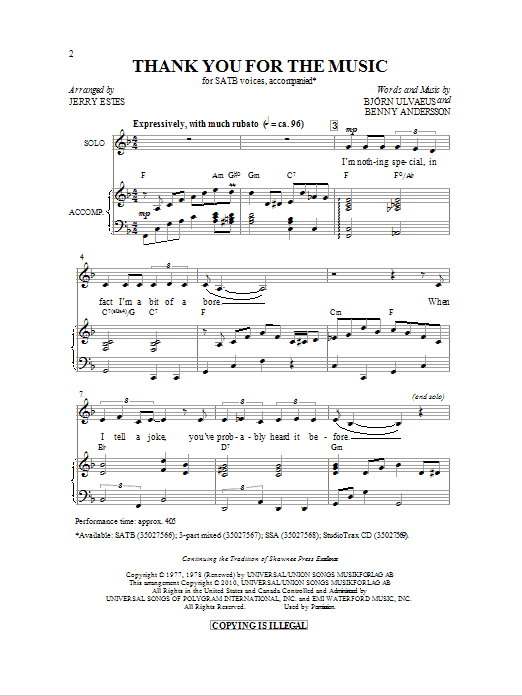 ABBA Thank You For The Music (arr. Jerry Estes) sheet music preview music notes and score for 3-Part Mixed including 12 page(s)