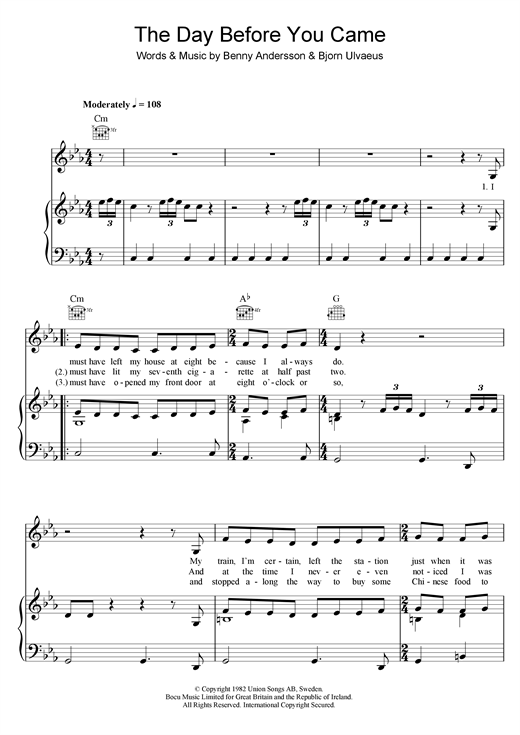 Learn to play ABBA The Day Before You Came sheet music for Piano, Vocal & Guitar (Right-Hand Melody) in minutes. ABBA The Day Before You Came sheet music notes and chords