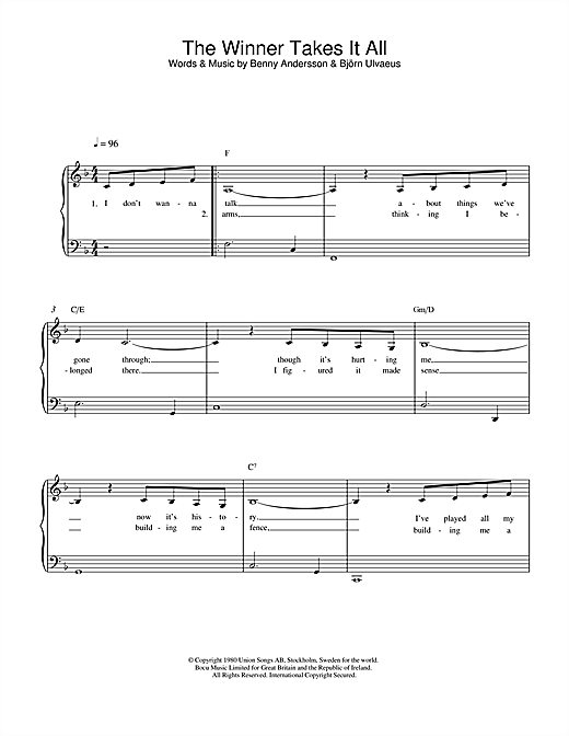 Learn to play ABBA The Winner Takes It All sheet music for Easy Piano in minutes. ABBA The Winner Takes It All sheet music notes and chords