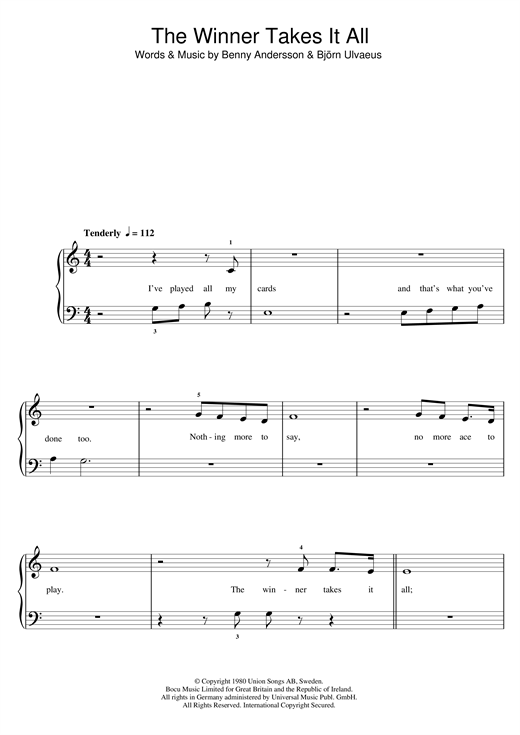 Learn to play ABBA The Winner Takes It All sheet music for Piano (Big Notes) in minutes. ABBA The Winner Takes It All sheet music preview music notes and score for Piano (Big Notes) including 5 page(s)