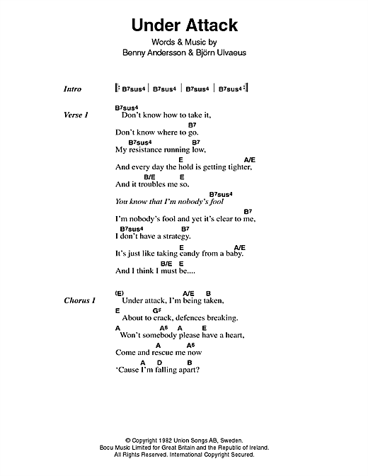 Learn to play ABBA Under Attack sheet music for Easy Piano in minutes. ABBA Under Attack sheet music notes and chords