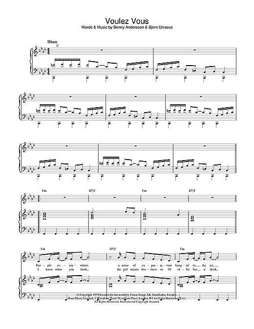 Learn to play ABBA Voulez Vous sheet music for Piano, Vocal & Guitar (Right-Hand Melody) in minutes. ABBA Voulez Vous sheet music notes and chords
