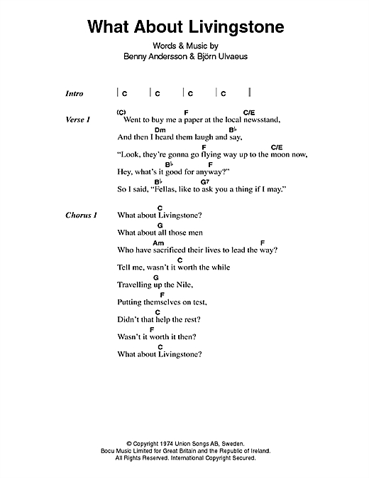 ABBA What About Livingstone sheet music, chords, lyrics - Printable PDF for Lyrics & Chords