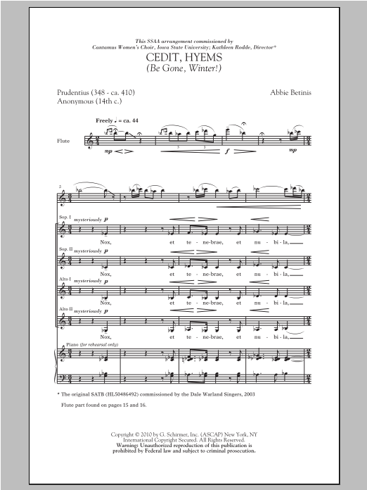 Abbie Betinis Cedit, Hyems (Be Gone, Winter!) sheet music, chords, lyrics - Printable PDF for SSA