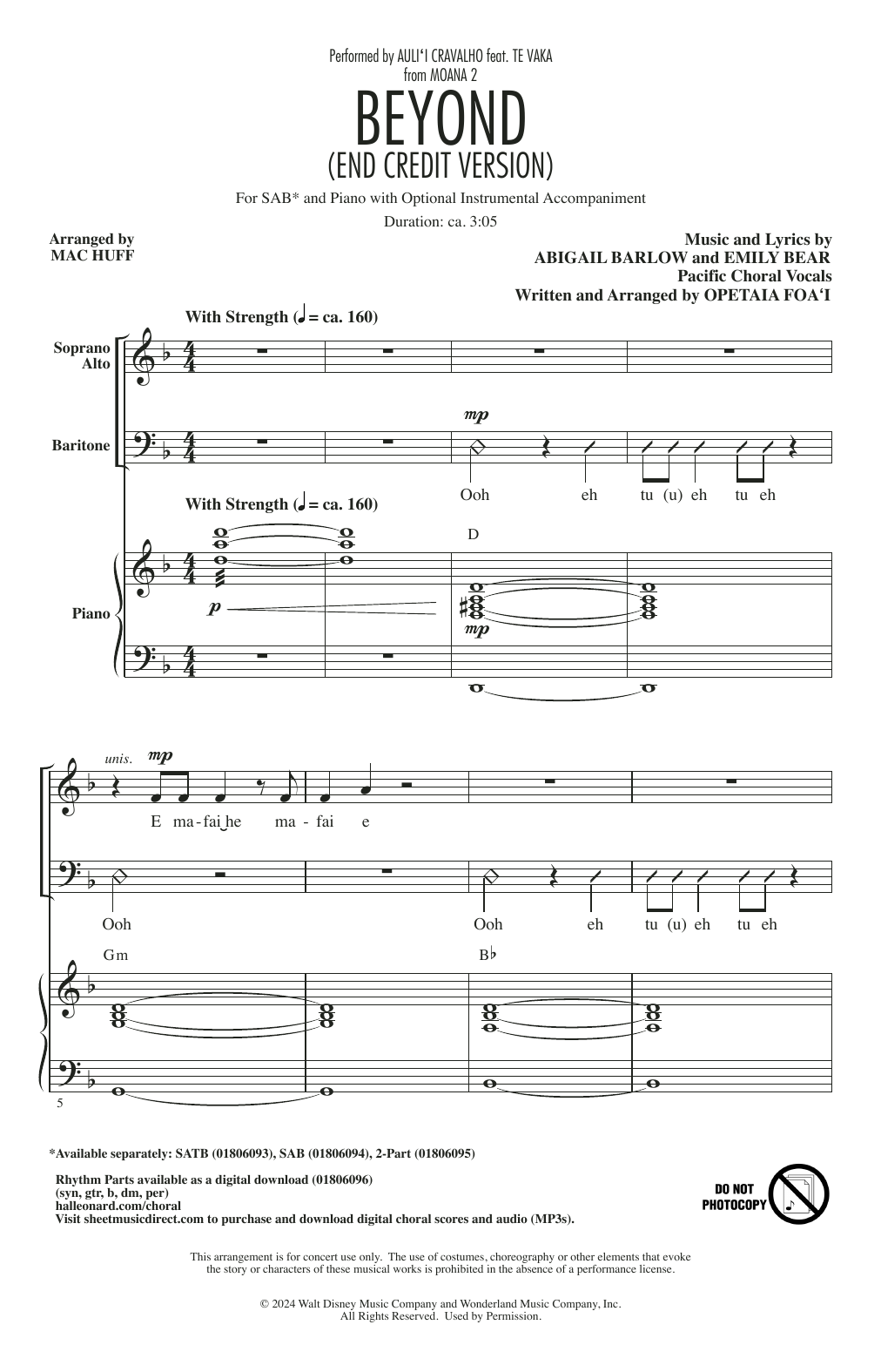 Abigail Barlow, Emily Bear & Opetaia Foa'i Beyond (End Credit Version) (from Moana 2) (arr. Mac Huff) sheet music, chords, lyrics - Printable PDF for 2-Part Choir