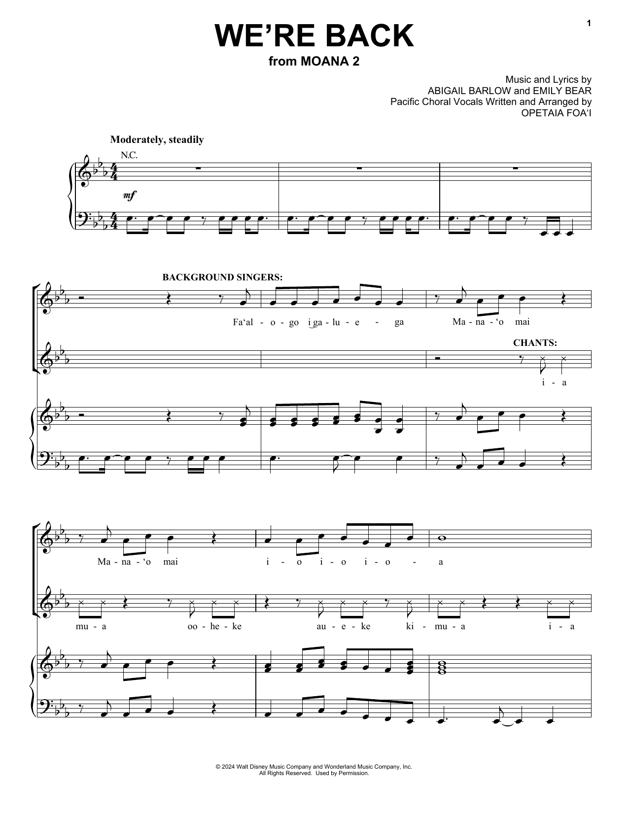 Abigail Barlow, Emily Bear & Opetaia Foa'i We're Back (from Moana 2) sheet music, chords, lyrics - Printable PDF for Easy Piano