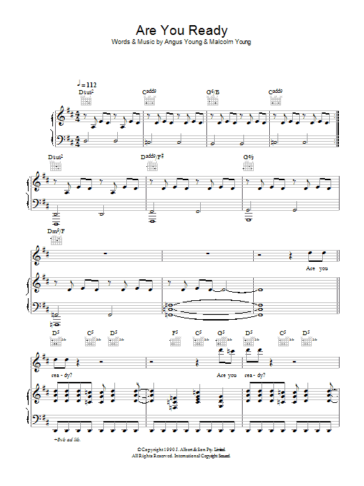 Learn to play AC/DC Are You Ready sheet music for Lyrics & Chords in minutes. AC/DC Are You Ready sheet music preview music notes and score for Lyrics & Chords including 2 page(s)