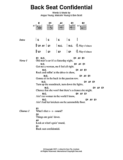 Learn to play AC/DC Back Seat Confidential sheet music for Lyrics & Chords in minutes. AC/DC Back Seat Confidential sheet music preview music notes and score for Lyrics & Chords including 3 page(s)