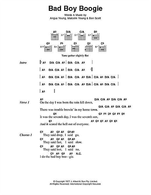 AC/DC Bad Boy Boogie sheet music, chords, lyrics - Printable PDF for Lyrics & Chords