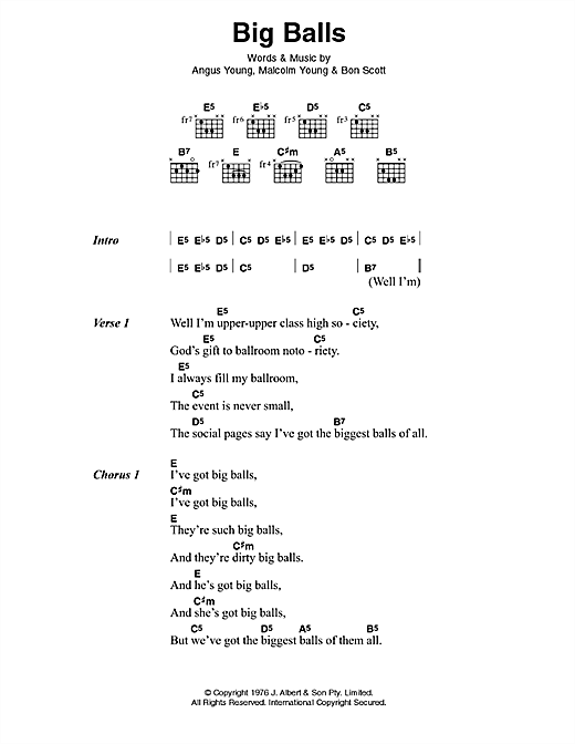 Learn to play AC/DC Big Balls sheet music for Lyrics & Chords in minutes. AC/DC Big Balls sheet music preview music notes and score for Lyrics & Chords including 3 page(s)