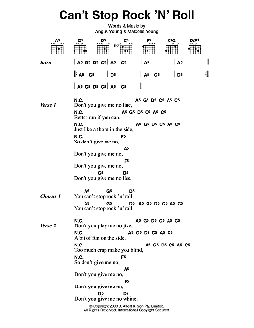 Learn to play AC/DC Can't Stop Rock 'N' Roll sheet music for Lyrics & Chords in minutes. AC/DC Can't Stop Rock 'N' Roll sheet music preview music notes and score for Lyrics & Chords including 2 page(s)