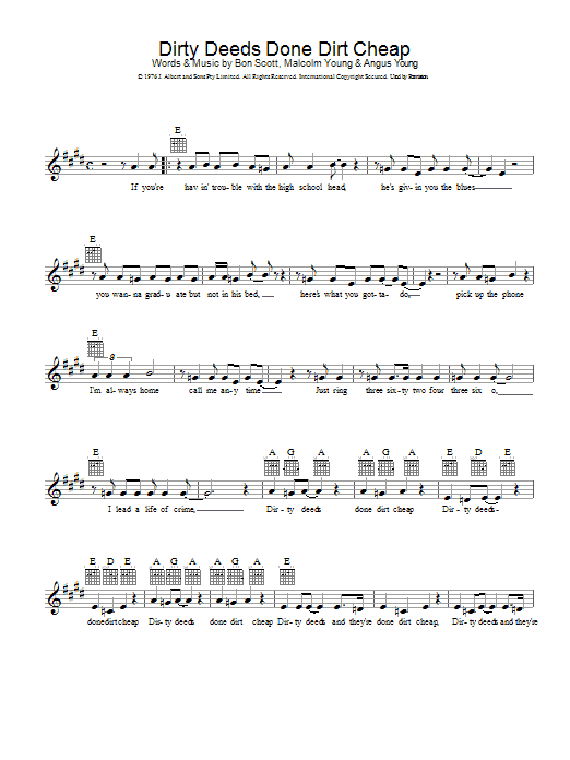 Download AC/DC Dirty Deeds Done Dirt Cheap sheet music notes and chords for Melody Line, Lyrics & Chords - Download Printable PDF and start playing in minutes.