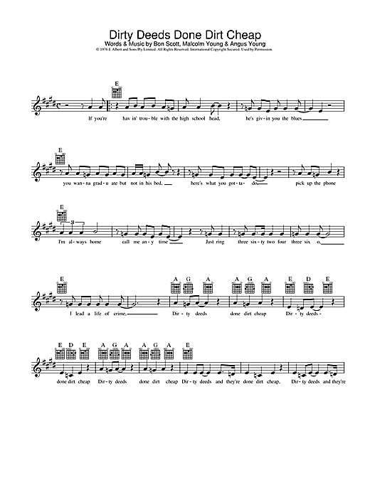 Learn to play AC/DC Dirty Deeds Done Dirt Cheap sheet music for Melody Line, Lyrics & Chords in minutes. AC/DC Dirty Deeds Done Dirt Cheap sheet music preview music notes and score for Melody Line, Lyrics & Chords including 2 page(s)